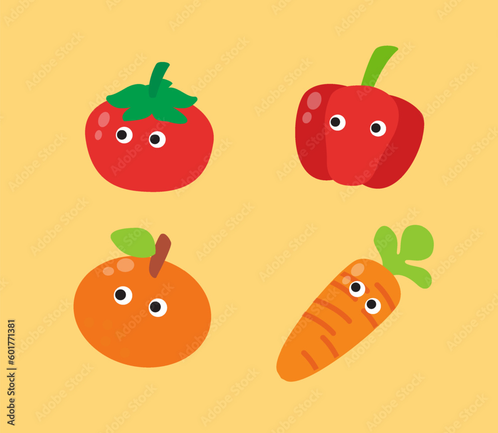Hand drawn elements vegetables and fruit characters Hand drawn elements vegetables and fruit characters