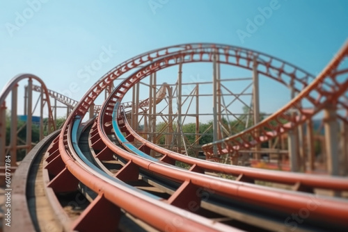 Roller coaster attraction in amusement park. Entertainment at summer holiday. Created with Generative AI