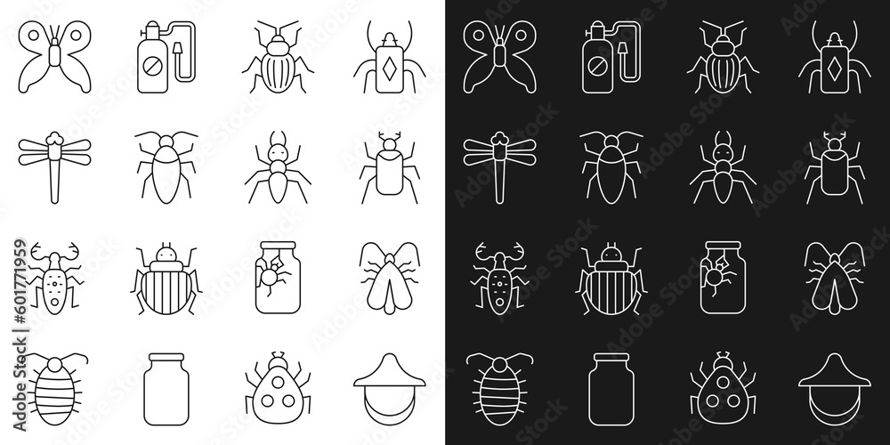 Set line Beekeeper hat, Clothes moth, Beetle bug, Chafer beetle, Cockroach, Dragonfly, Butterfly and Ant icon. Vector Set line Beekeeper hat, Clothes moth, Beetle bug, Chafer beetle, Cockroach, Dragonfly, Butterfly and Ant icon. Vector