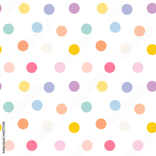 Circles confetti seamless pattern. Pastel colored polka dot on white background. Abstract colorful falling confetti backdrop. Vector festive holiday illustration
