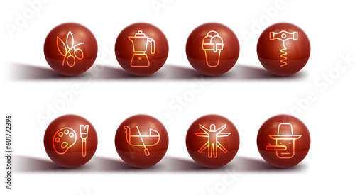 Set line Olives branch, Paint brush with palette, Wine corkscrew, Vitruvian Man, Gondola, Coffee moca pot, Pinocchio and Ice cream icon. Vector