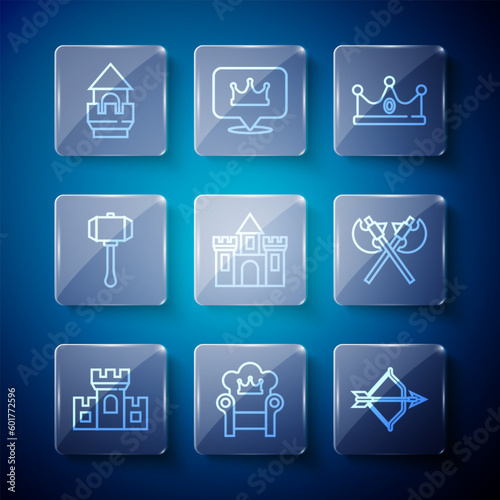Set line Castle, fortress, Medieval throne, bow and arrow, King crown, Hammer, tower and Crossed medieval axes icon. Vector