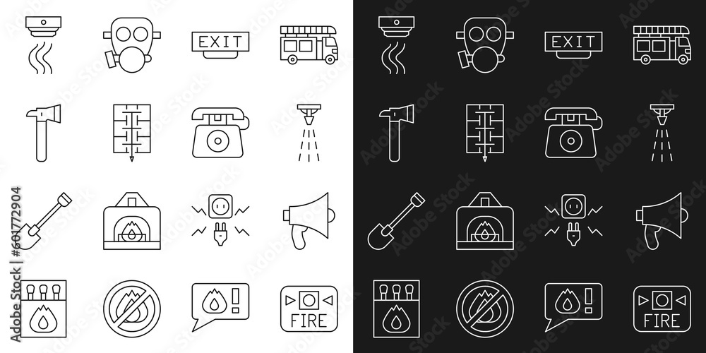 Set line Fire alarm system, Megaphone, sprinkler, exit, Evacuation plan, Firefighter axe, Smoke and Telephone call 911 icon. Vector