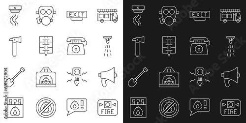 Set line Fire alarm system, Megaphone, sprinkler, exit, Evacuation plan, Firefighter axe, Smoke and Telephone call 911 icon. Vector