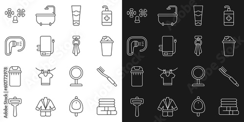 Set line Towel stack, Toothbrush, Bucket with soap suds, Tube of toothpaste, Electric boiler, Shower, Water tap and on hanger icon. Vector