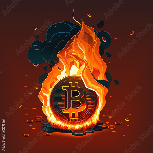 Bitcoin coin on fire art illustration. Burning bitcoin emblem. Vector EPS 10