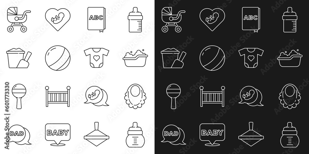 Set line Baby bottle, bib, bathtub, ABC book, Beach ball, Sand in bucket with shovel, stroller and clothes icon. Vector Set line Baby bottle, bib, bathtub, ABC book, Beach ball, Sand in bucket with shovel, stroller and clothes icon. Vector