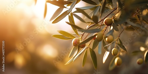 Green Olive Branch on blur Nature Background with Copy Space for Design. Generative AI illustrations. © Thares2020