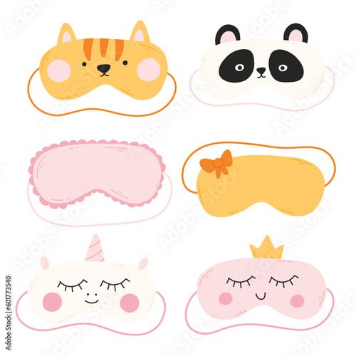 Set of sleep masks in flat style. Collection of hand drawn masks. Vector illustration. Iasca for sleeping with a cat, panda, unicorn.