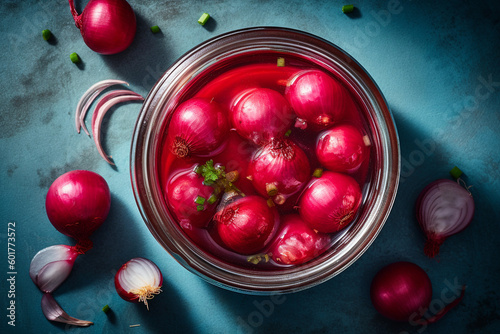 glass of tasty healthy pickled red onions, top view, created with generative ai
 photo