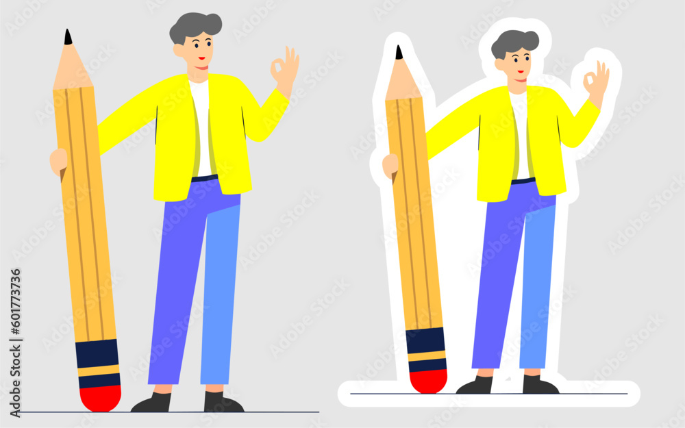 Vector illustration of School boy holding a pencil, Young boy holding a big pencil and showing thumb up Vector illustration of School boy holding a pencil, Young boy holding a big pencil and showing thumb up