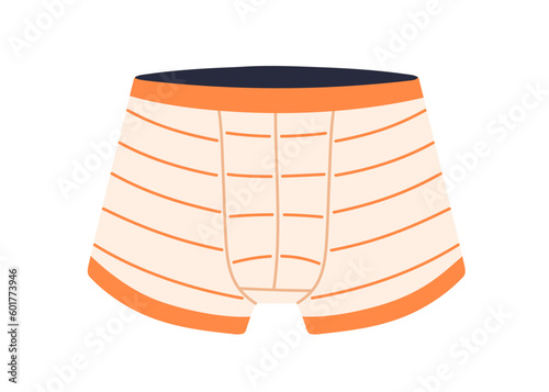 Men panties, trunks. Mens underwear, underclothing. Boxers, shorts design. Striped knickers, briefs, undergarment. Male pants. Flat vector illustration isolated on white background