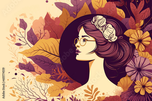 International Women s Day background. A woman in glasses and with flowers and leaves around. Vector illustration EPS 10