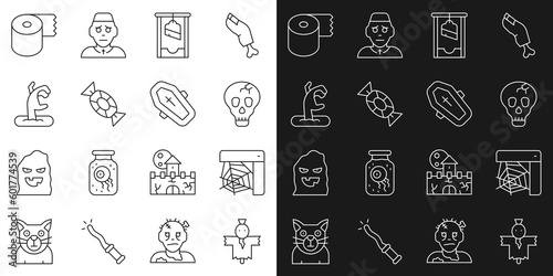 Set line Scarecrow, Spider web, Skull, Guillotine, Candy, Zombie hand, Toilet paper roll and Coffin with cross icon. Vector