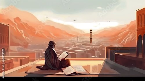 Muslim man sitting and holding Quran with view of mosque  eid ul adha mubarak day background illustration   Generative AI