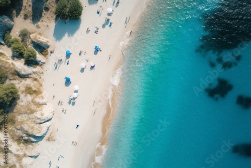 A beautiful aerial view of a bright azure beach with a minimal natural background. Generative AI