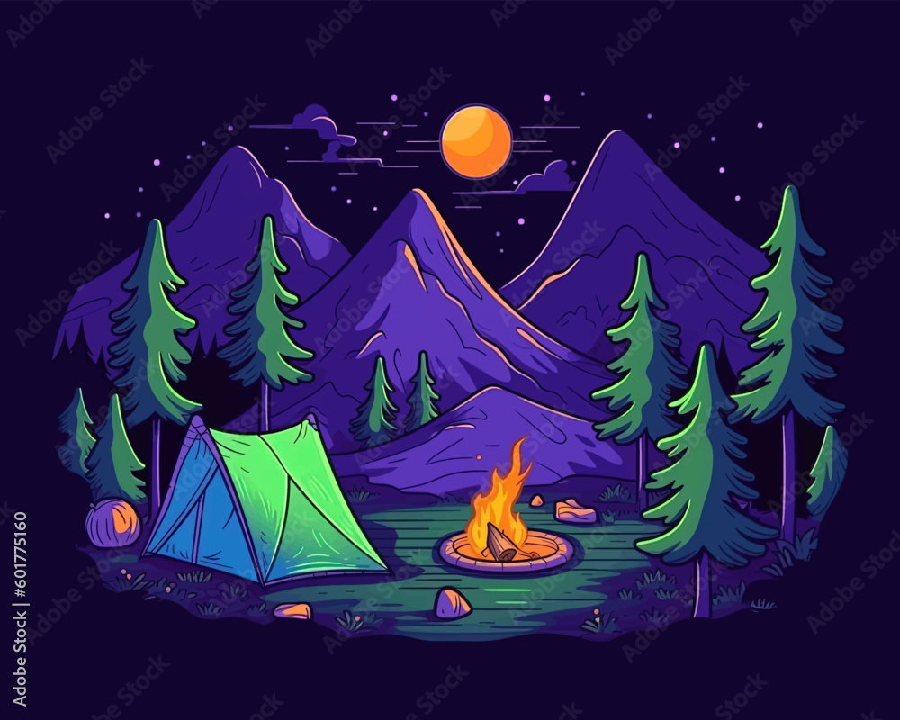 Campfire and tent as camping vacation illustration in Blacklight flat style. Vector EPS 10 Stock