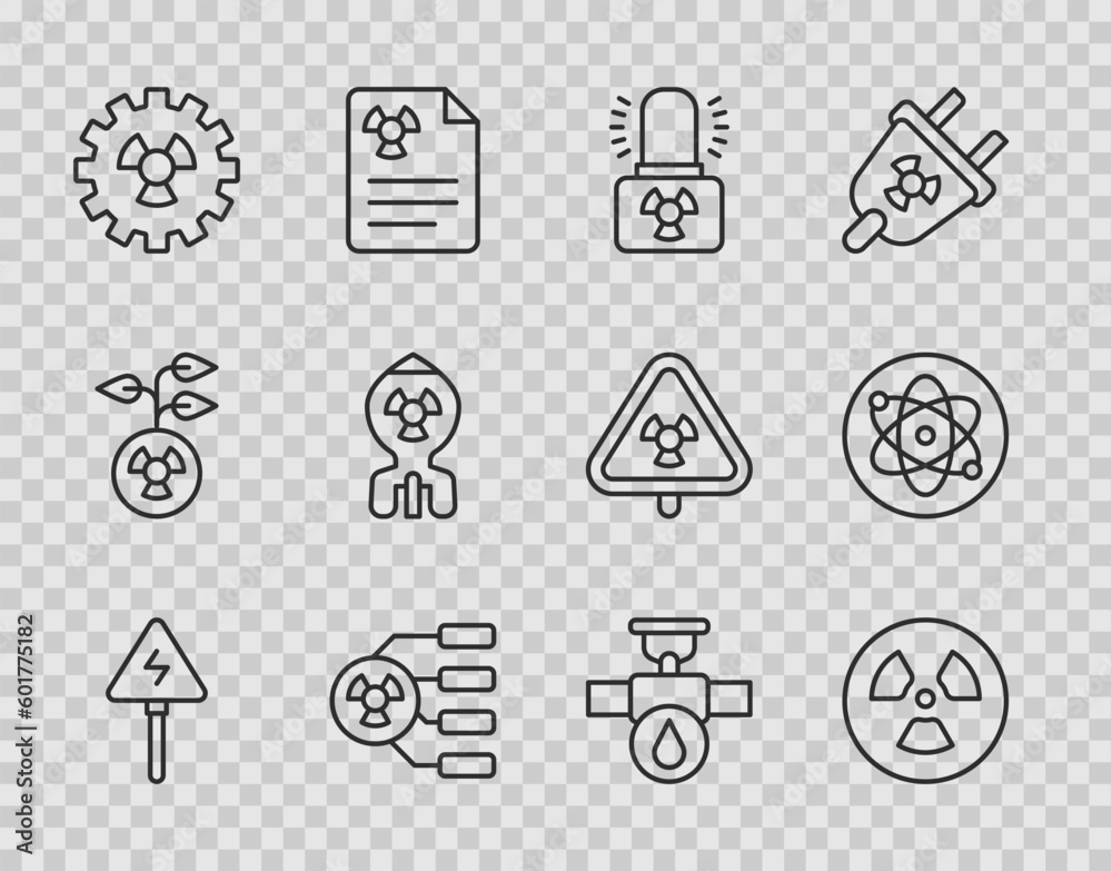 Fototapeta premium Set line High voltage sign, Radioactive, warning lamp, Nuclear bomb, Industry pipe and valve and Atom icon. Vector