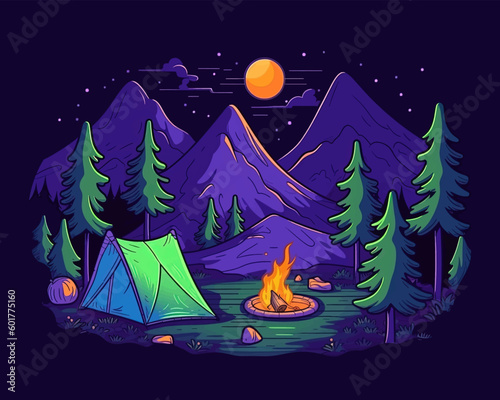 Campfire and tent as camping vacation illustration in Blacklight flat style. Vector EPS 10