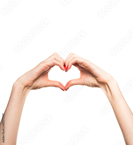 Female hands making sign Heart by fingers  isolated on white background. Beautiful hands of woman with copy space. Love concept on Valentine day.