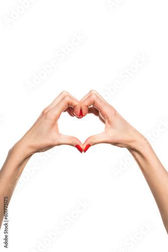 Female hands making sign Heart by fingers  isolated on white background. Beautiful hands of woman with copy space. Love concept on Valentine day.