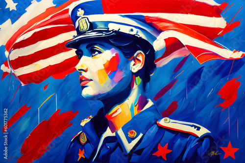 Female soldier in marine military parade unform and cap with US american flag for Fourth of july Generated Ai