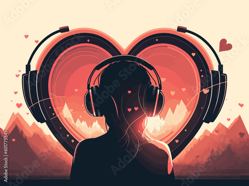 Love of music concept. A girl in headphones and headphones in the form of a heart. Vector illustration EPS 10