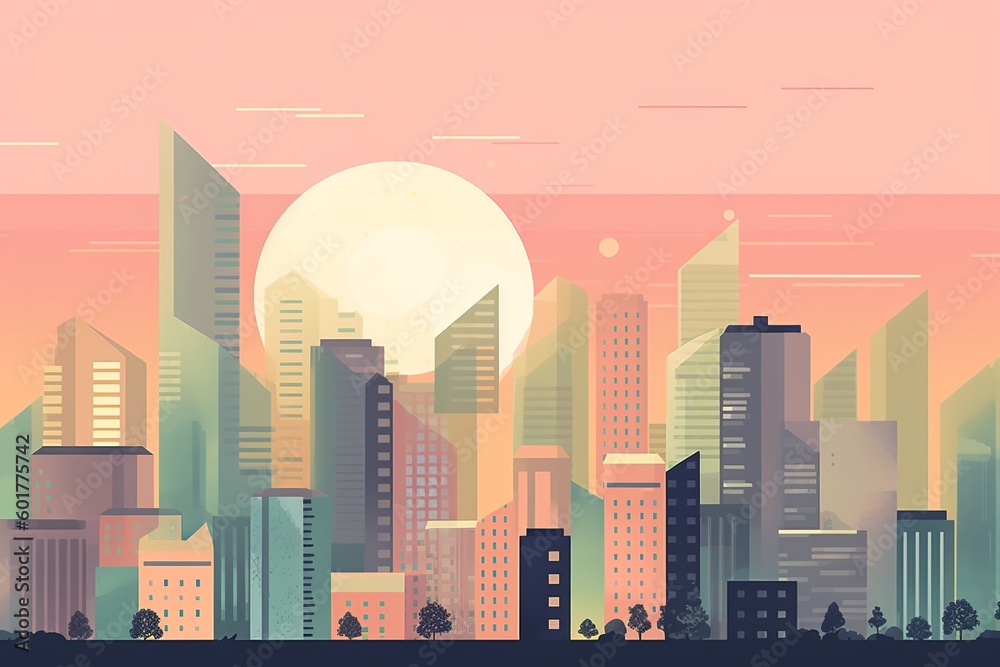 A minimalist city skyline with green rooftops and solar panels