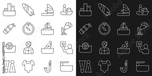 Set line Diving board or springboard, Assessment of judges, Kitesurfing, Windsurfing, Compass, Aqualung, Winner podium and Yacht sailboat icon. Vector