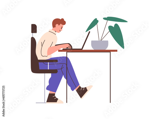 Person works at laptop computer at desk. Happy man sitting in chair at office table, working at notebook PC. Business worker at workplace. Flat vector illustration isolated on white background
