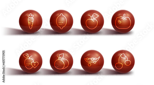 Set line Carrot, Healthy fruit, Pumpkin, Peas, Mango, Lemon, Cherry and Peach or nectarine icon. Vector