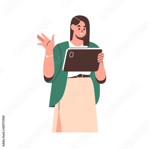 Woman holding tablet PC during online video conference call. Businesswoman, happy business girl greeting smb at virtual internet communication. Flat vector illustration isolated on white background
