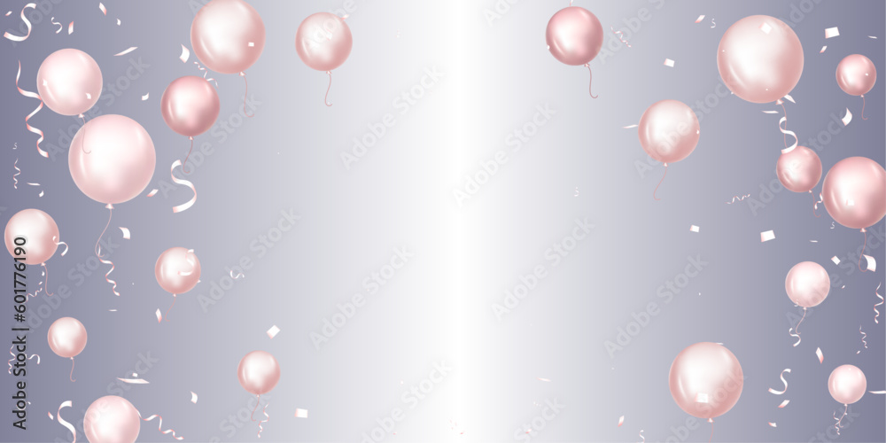 illustration of pink balloons with confetti and ribbons on grey background