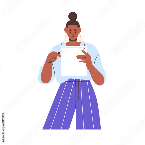 Black woman surfing internet, holding tablet PC in hand. African businesswoman, modern business girl reading online, looking at gadget screen. Flat vector illustration isolated on white background