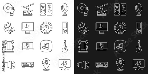 Set line Music note, tone, Guitar, player, Stereo speaker, Computer with music, DJ playing and Sound mixer controller icon. Vector