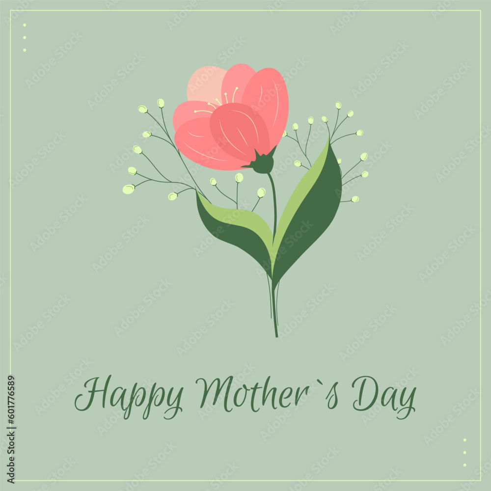 Flat minimalist greeting card. Cute vector postcard with floral design. A postcard with the lovely bouquet and inscription Happy Mothers Day on a green background. Flat minimalist greeting card. Cute vector postcard with floral design. A postcard with the lovely bouquet and inscription Happy Mothers Day on a green background.
