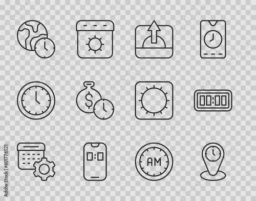 Set line Calendar settings, Time zone clocks, Sunrise, Alarm app mobile, World time, money, Morning and Digital alarm icon. Vector