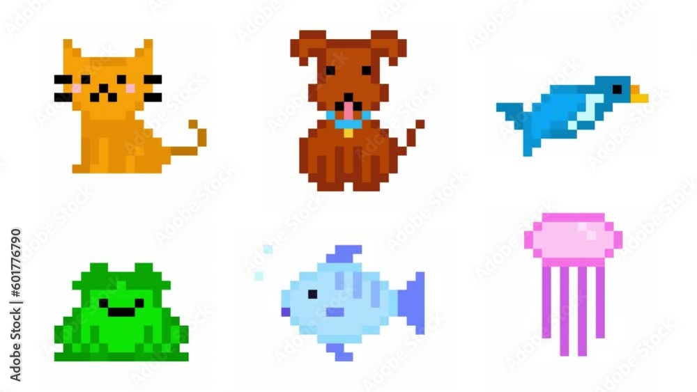 set of cute pixel animal animation on white screen