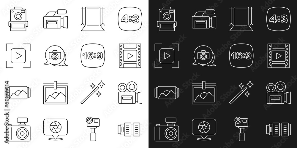 Set line Camera photo lens, Retro cinema camera, film roll cartridge, Empty studio, Photo, focus frame line, and 16 icon. Vector