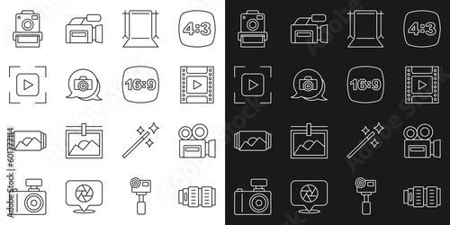 Set line Camera photo lens, Retro cinema camera, film roll cartridge, Empty studio, Photo, focus frame line, and 16 icon. Vector