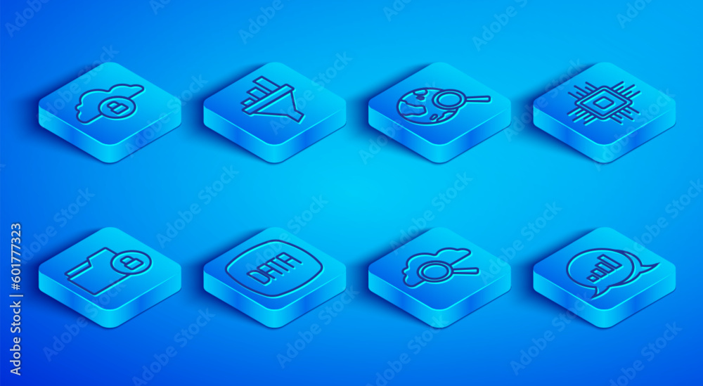 Set line Cloud computing lock, Sales funnel with chart, Search globe, Data analysis, cloud, Processor CPU, Folder and and Pie infographic icon. Vector Set line Cloud computing lock, Sales funnel with chart, Search globe, Data analysis, cloud, Processor CPU, Folder and and Pie infographic icon. Vector