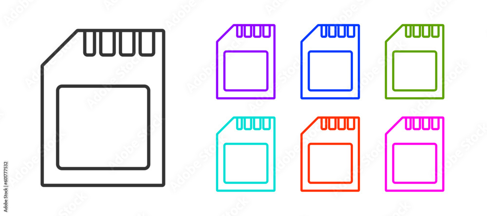 Black line SD card icon isolated on white background. Memory card. Adapter icon. Set icons colorful. Vector