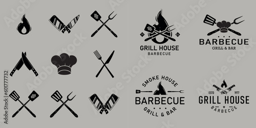 Vector illustration Barbecue, grill logo set. Set of 9 vintage barbecue icons. BBQ graphics templates for BBQ, Butchery, Restaurant, Cooking class, Grill emblems. 