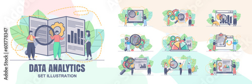 set vector design statistical and Data analysis for business finance investment concept with business people team working. Financial data analysis illustration.