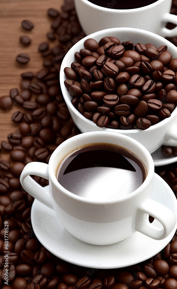 Fototapeta premium Taza de café expreso junto con taza llena de granos de café. Generado por IA
