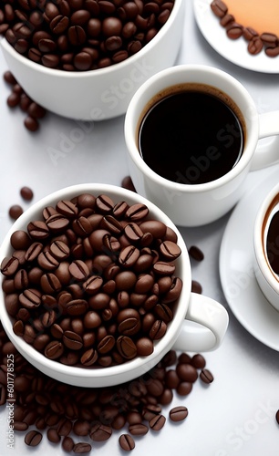 Tazas de café expreso junto con tazas llenas de granos de café. Generado por IA