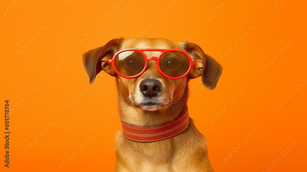 Funny dog in sunglasses in trendy style on yellow background. Portrait puppy dog summer. Pet care, generated AI Generative AI