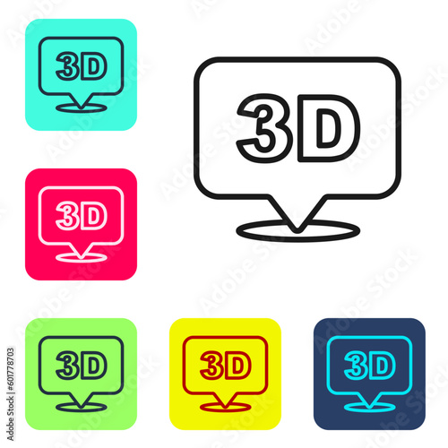 Black line 3D word icon isolated on white background. Set icons in color square buttons. Vector