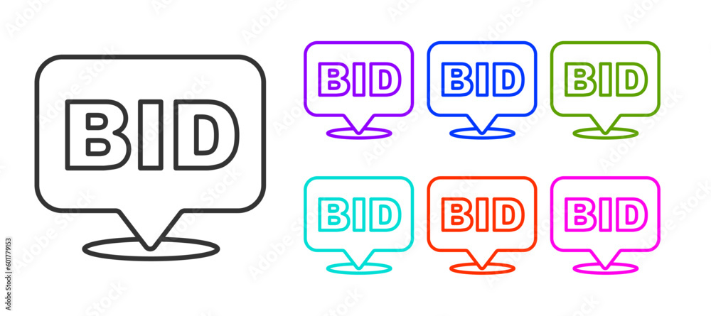 Black line Bid icon isolated on white background. Auction bidding. Sale and buyers. Set icons colorful. Vector