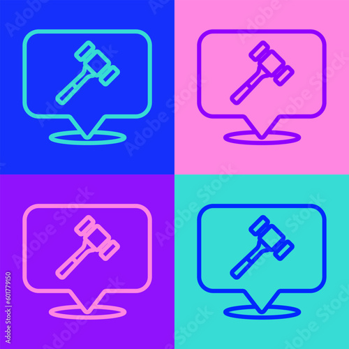Pop art line Auction hammer icon isolated on color background. Gavel - hammer of judge or auctioneer. Bidding process, deal done. Auction bidding. Vector